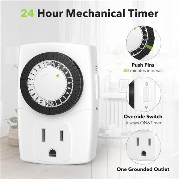 BN-LINK BND-60/U47 Indoor Mini 24-Hour Mechanical Outlet Timer, 3-Prong, 2-Pack - Picture 2 of 6